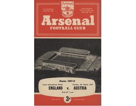 ENGLAND V AUSTRIA (YOUTH INTERNATIONAL) 1957-58 FOOTBALL PROGRAMME