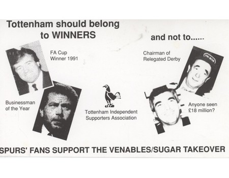 TOTTENHAM HOTSPUR - VENABLES/SUGAR TAKEOVER 1991 PROMOTIONAL CARD