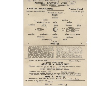 ARSENAL REDS V WHITES (PRACTICE MATCH) 1949-50 FOOTBALL PROGRAMME