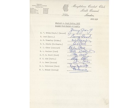 ENGLAND 1976 CRICKET AUTOGRAPHS (V WEST INDIES AT LORD