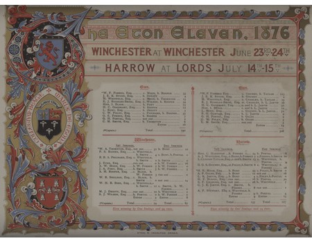 ETON V WINCHESTER & V HARROW 1876 ILLUMINATED SCORECARD (INCLUDING IVO BLIGH, MONTAGUE DRUITT ETC.)