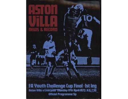 ASTON VILLA  V LIVERPOOL (FA YOUTH CHALLENGE CUP FINAL) 1971-72 FOOTBALL PROGRAMME