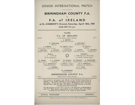 BIRMINGHAM COUNTY FA V FA OF IRELAND (JUNIOR INTERNATIONAL) 1958-59 FOOTBALL PROGRAMME