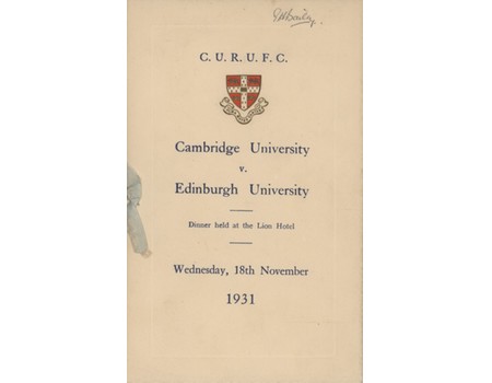 CAMBRIDGE UNIVERSITY V EDINBURGH UNIVERSITY 1931 SIGNED RUGBY UNION MENU