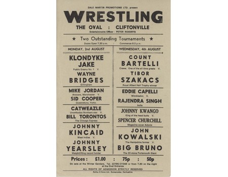 WRESTLING FLYER 1971 (CLIFTONVILLE) - INCLUDING COUNT BARTELLI, CATWEAZLE, WAYNE BRIDGES ETC.