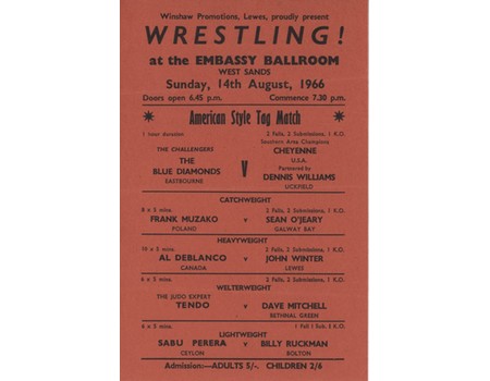 WRESTLING FLYER 1966 (WEST SANDS) - INCLUDING JOHN WINTER, TENDO, SABU PERERA ETC.