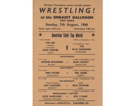 WRESTLING FLYER 1966 (WEST SANDS) - INCLUDING JOHN WINTER, THE KID, MEL JAMES ETC.