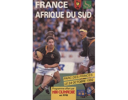 FRANCE V SOUTH AFRICA 1992 RUGBY UNION PROGRAMME