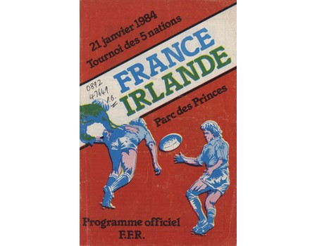 FRANCE V IRELAND 1984 RUGBY PROGRAMME