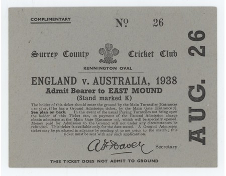 ENGLAND V AUSTRALIA 1938 (OVAL) CRICKET TICKET