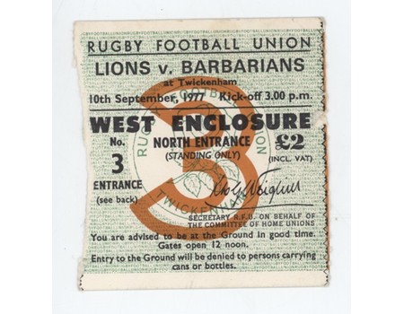 BARBARIANS V BRITISH LIONS 1977 RUGBY TICKET