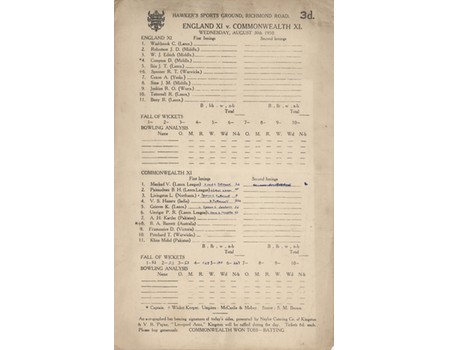 ENGLAND XI V COMMONWEALTH XI 1950 CRICKET SCORECARD