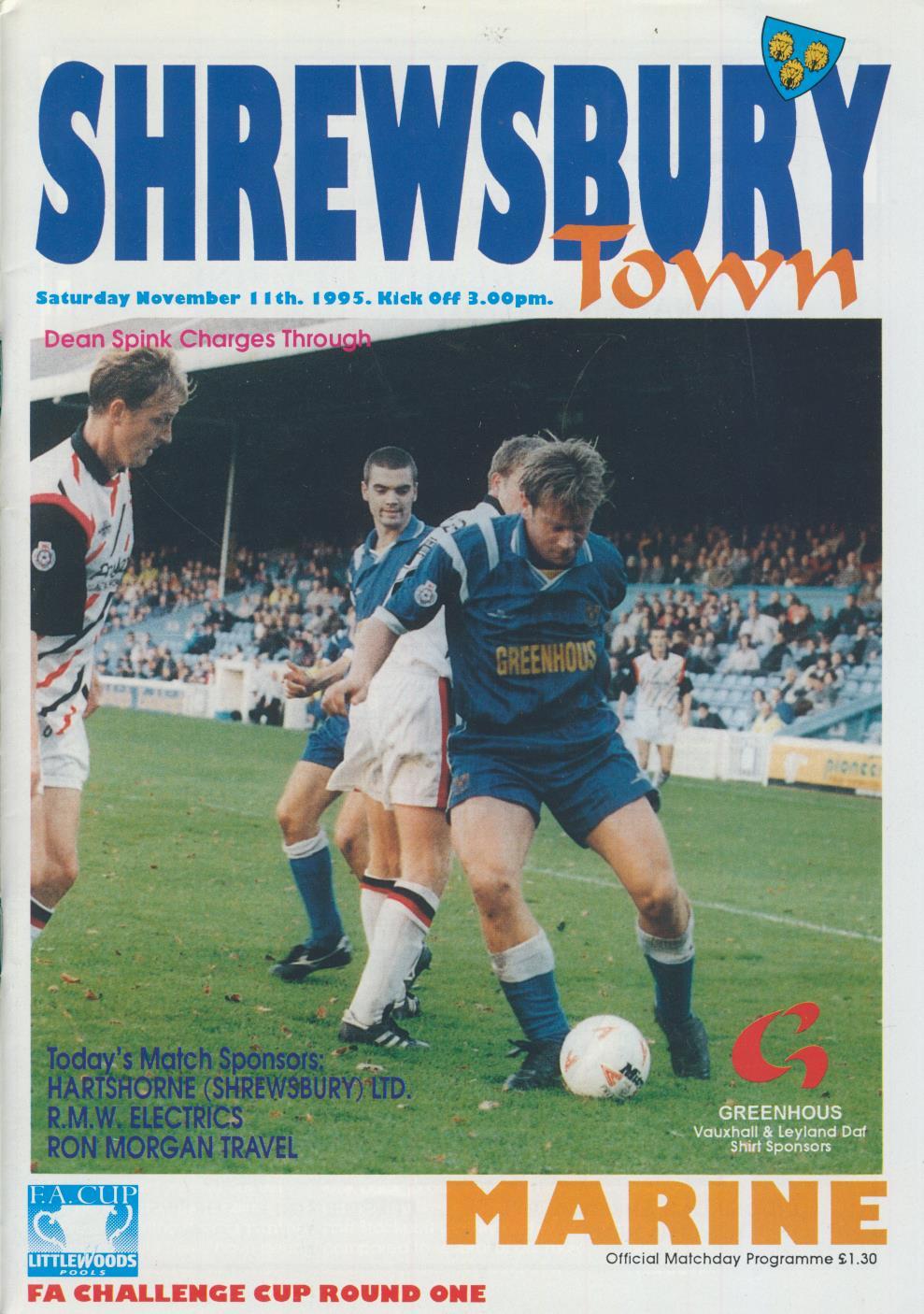 SHREWSBURY TOWN V MARINE 1995 FOOTBALL PROGRAMME (RECORD WIN 11-2 ...