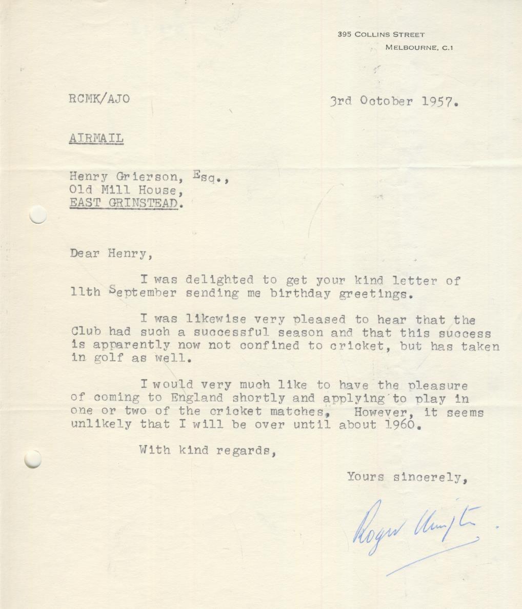 ROGER KIMPTON (WORCESTERSHIRE) 1957 CRICKET LETTER - Cricket Autographs ...