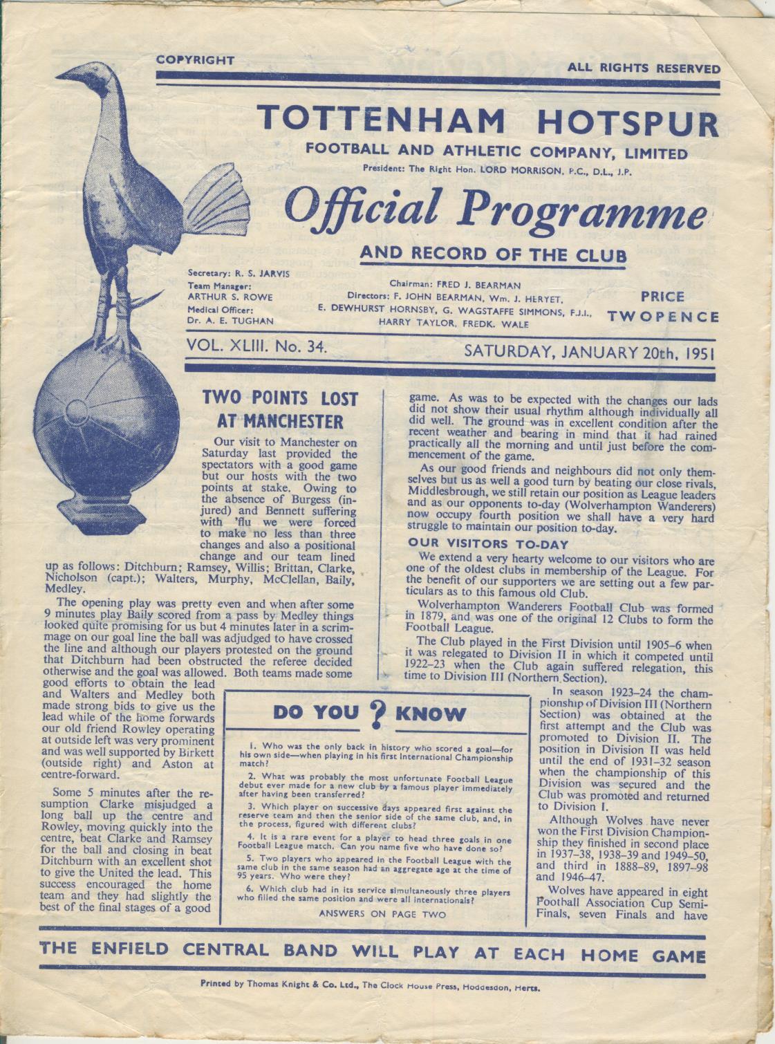 TOTTENHAM HOTSPUR V WOLVERHAMPTON WANDERERS 1950-51 FOOTBALL PROGRAMME 