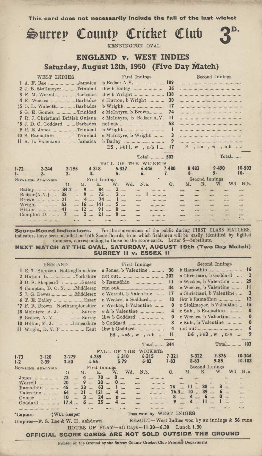 ENGLAND V WEST INDIES 1950 (OVAL) CRICKET SCORECARD
